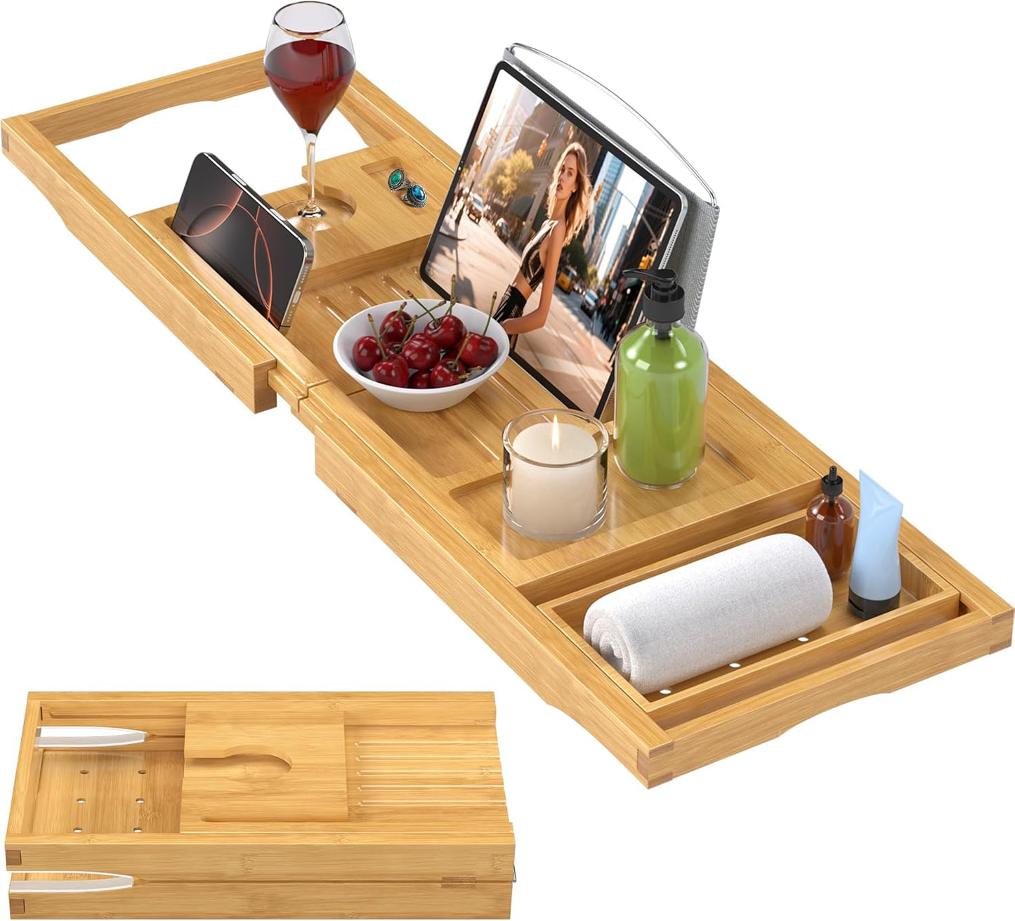 Foldable Bathtub Caddy Tray for Tub,Bamboo Expandable Bath Table Trays,Premium Bathroom Accessories for New Home & Mothers Day & Birthday Gifts for Couples,Natural