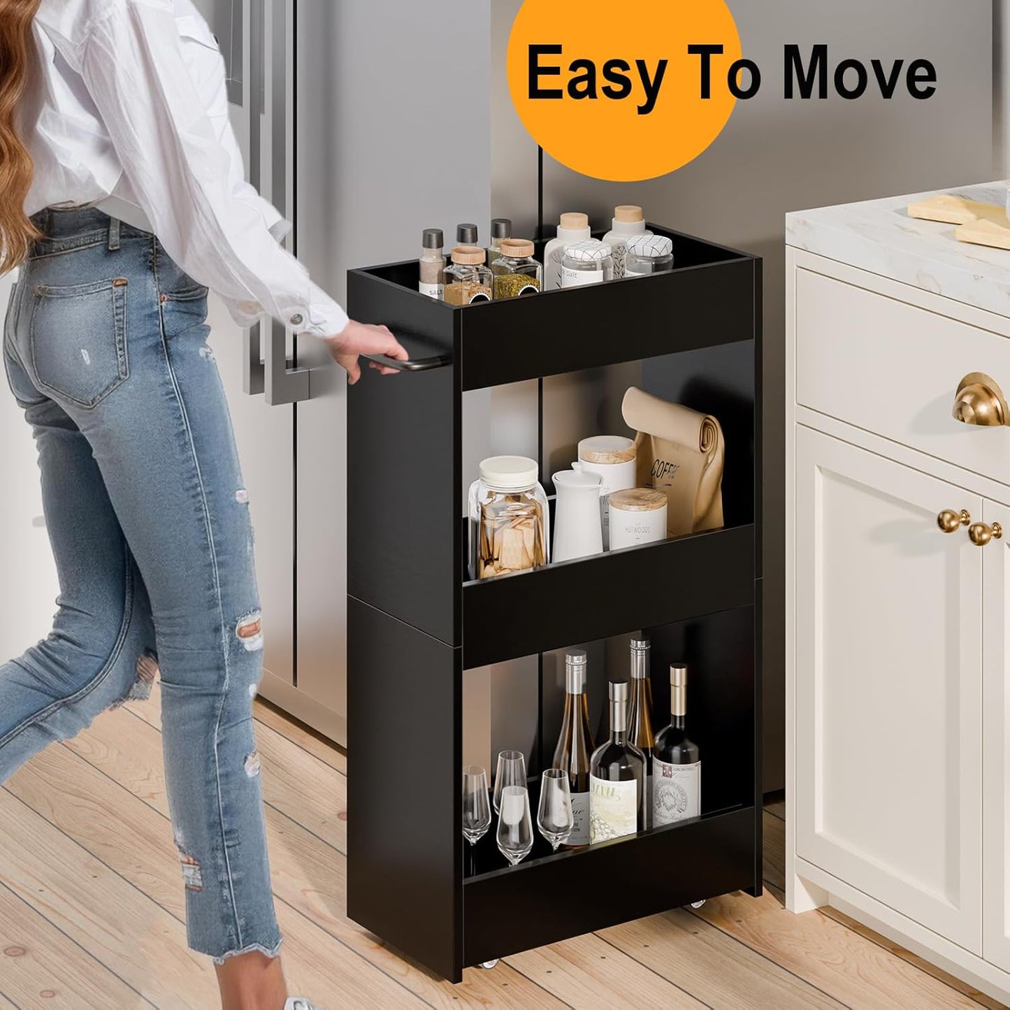 MARTY Wood Rolling Storage Cart 7.9" W, 3 Tier Slim Utility Kitchen Cart on Wheels Laundry Room Bathroom Organizers Narrow Shelves with Handle Mobile Shelving Unit for Small Places, Black