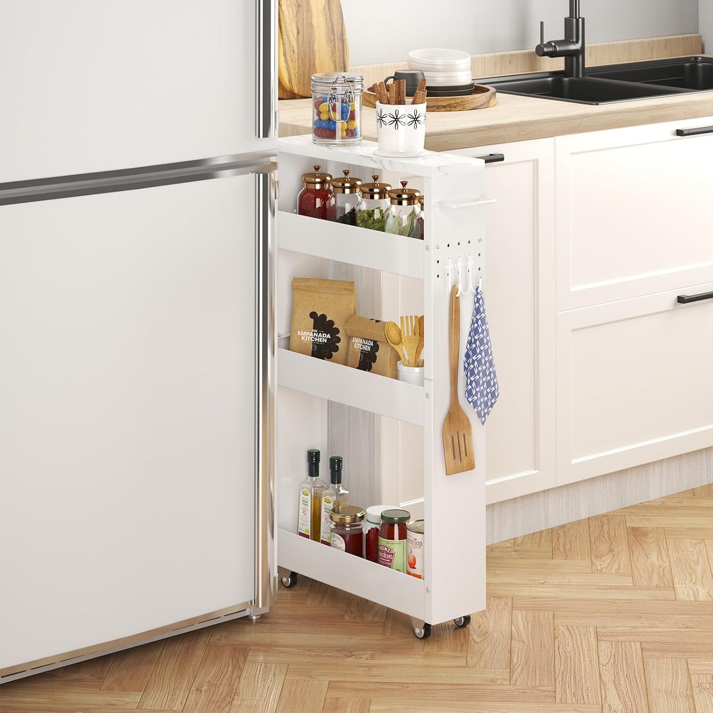 Slim Storage Cart, 5 in Width, 4-Tier White Rolling Cart with Handle & Wooden Top for Kitchen Bathroom Laundry Narrow Places