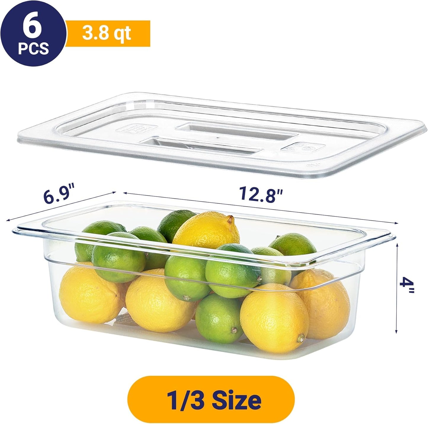 6 Pack NSF Food Pans with Lids, 1/3 Size 4'' Deep Commercial Food Storage Containers, Polycarbonate, Clear