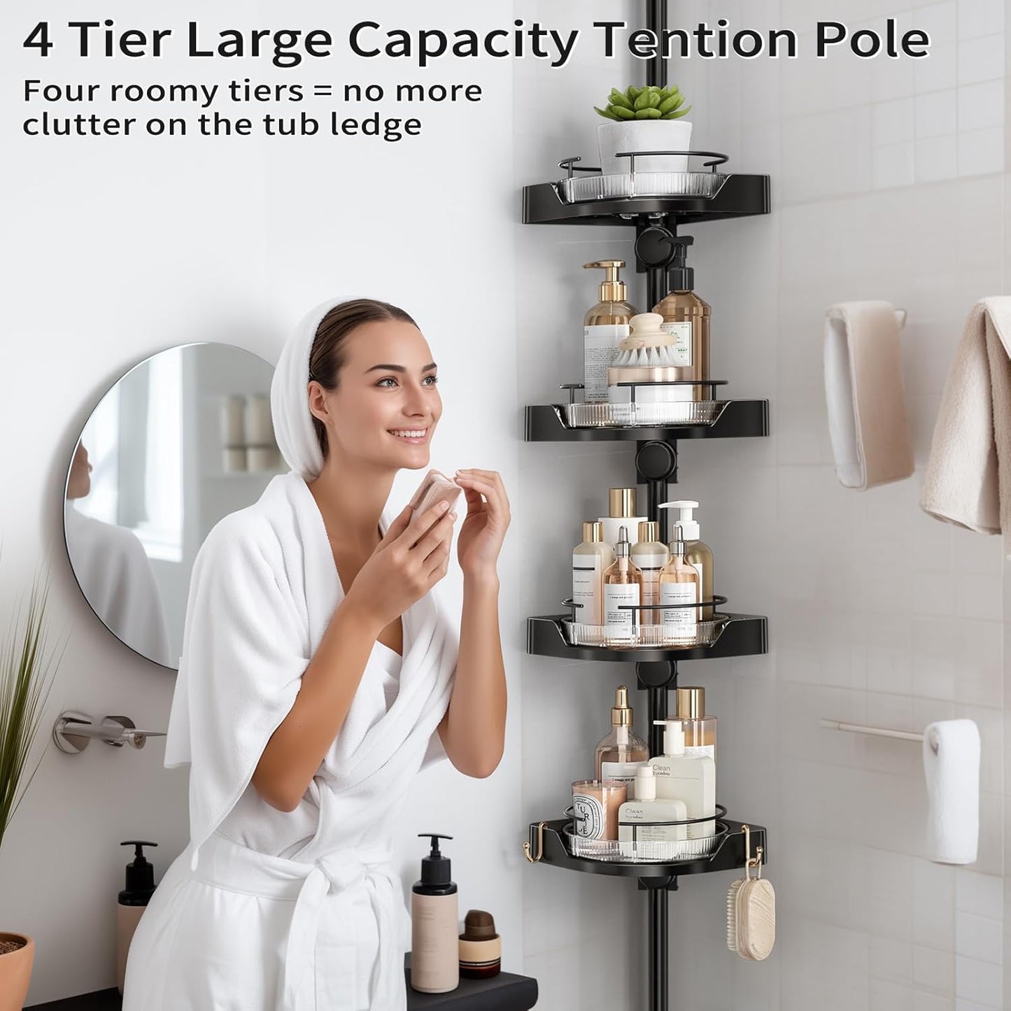 360° Rotating Corner Shower Caddy Tension Pole Organizer - 4-Tier Adjustable Rustproof Metal Pole, Plastic Shelves with Safety Guardrail, Bathroom Storage for Shower & Bathtub(Black)