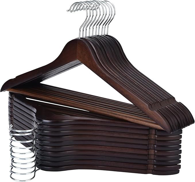 Wooden Hangers 20 Pack, Durable and Slim Hangers Wood with Pants Bar, Smooth Finish Wooden Suit Hanger for Closet, Walnut