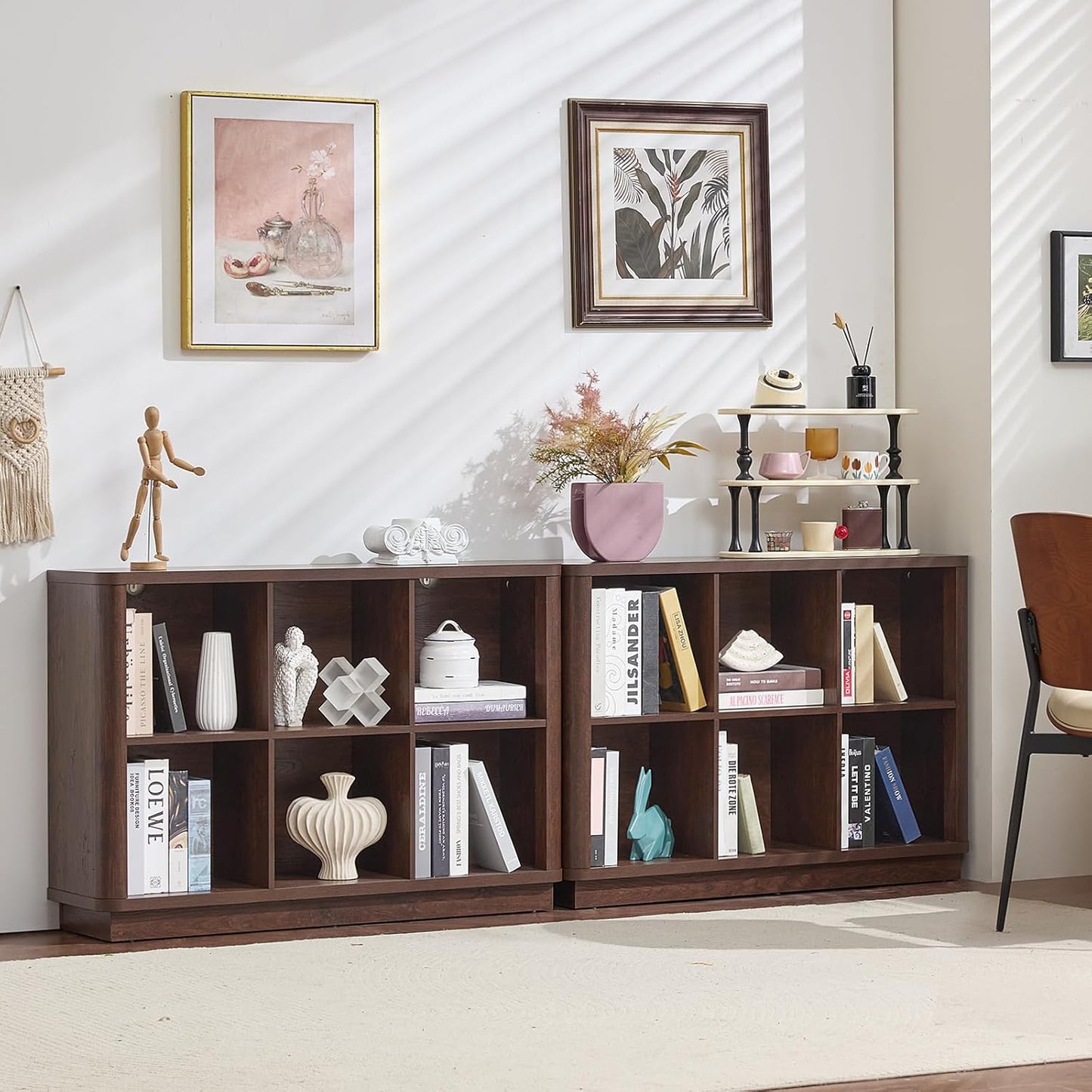 6 Cube Storage Bookcase, 40" Wide Low Horizontal Book Shelf with Curved Edge, Wood Floor Standing 2-Tier Bookshelf with Base, Farmhouse Short Book Case for Bedroom, Living Room, Office, Walnut