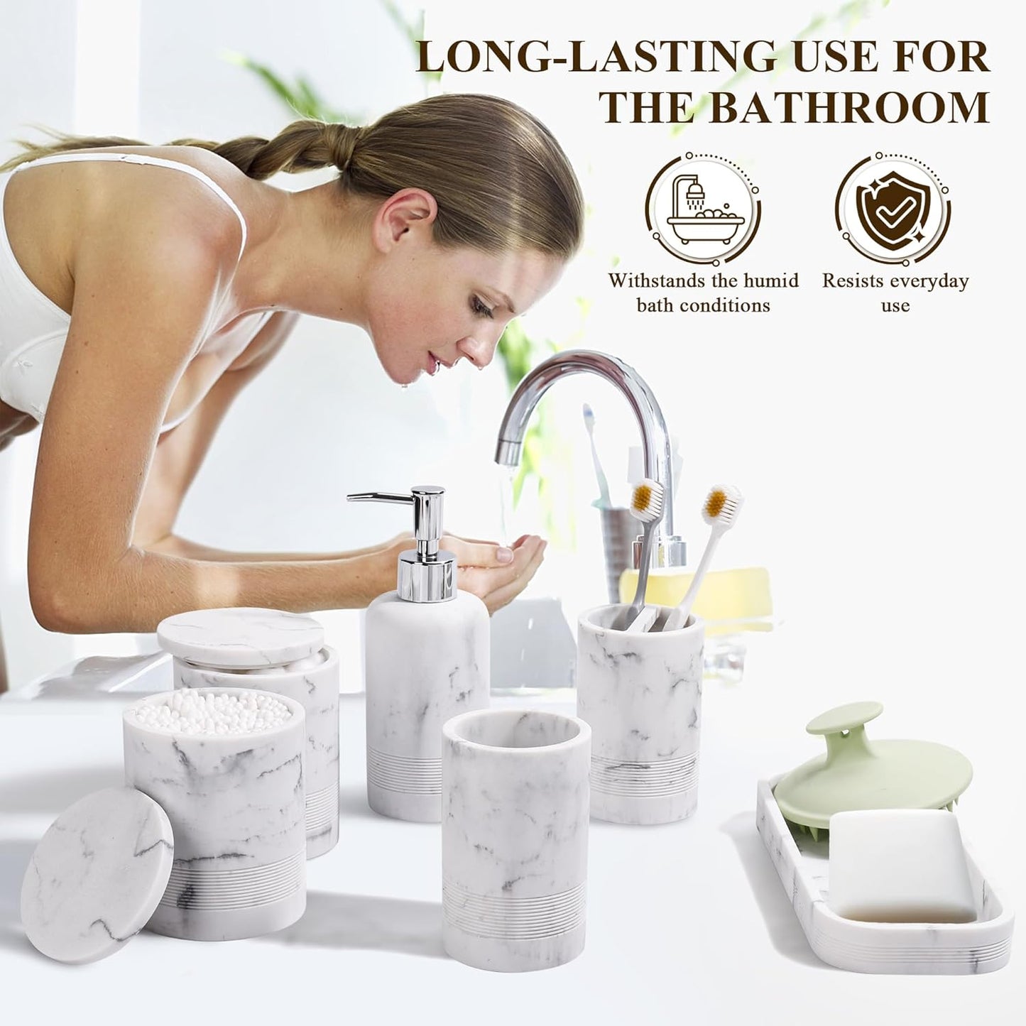 Bathroom Accessories Set, 6-Piece Bathroom Accessory Set, Toothbrush Holders Set, Soap Dispenser, Vanity Tray, Tumbler, Cotton Swab Jars, Bathroom Organizer for Modern Bathrooms (Marble White)