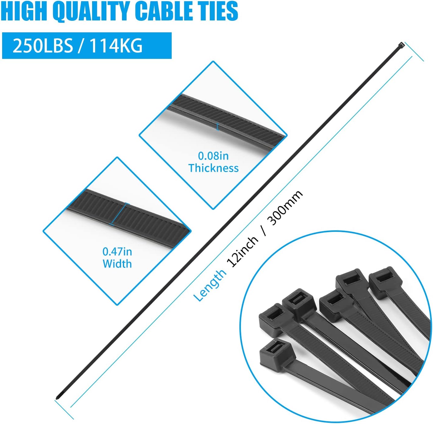 12 inch Black Zip Ties Heavy Duty 80 PCS, 250 LBS Ultra Exclusive Strong Plastic Wire Ties, Large Cable Ties Extra Long Tie Wraps, Indoor and Outdoor UV Resistant