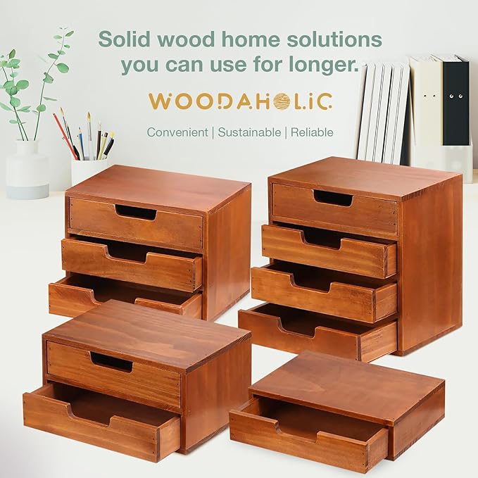 4-piece Drawer Cabinet Bundle Set - Modern Mahogany Wood Stackable Units - Multi-level Drawer Desktop Storage Organizers (4-Pack)