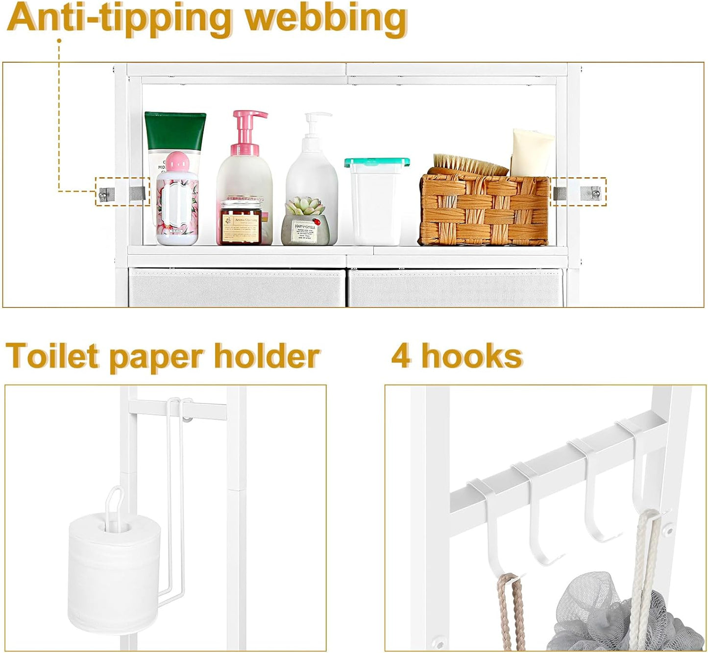 YBING Over The Toilet Storage Cabinet, Over Toilet Bathroom Organizer with Drawer, Above Toilet Stand with Roll Holder and Hooks, Over Toilet Storage Shelf Cabinet, Wooden, White