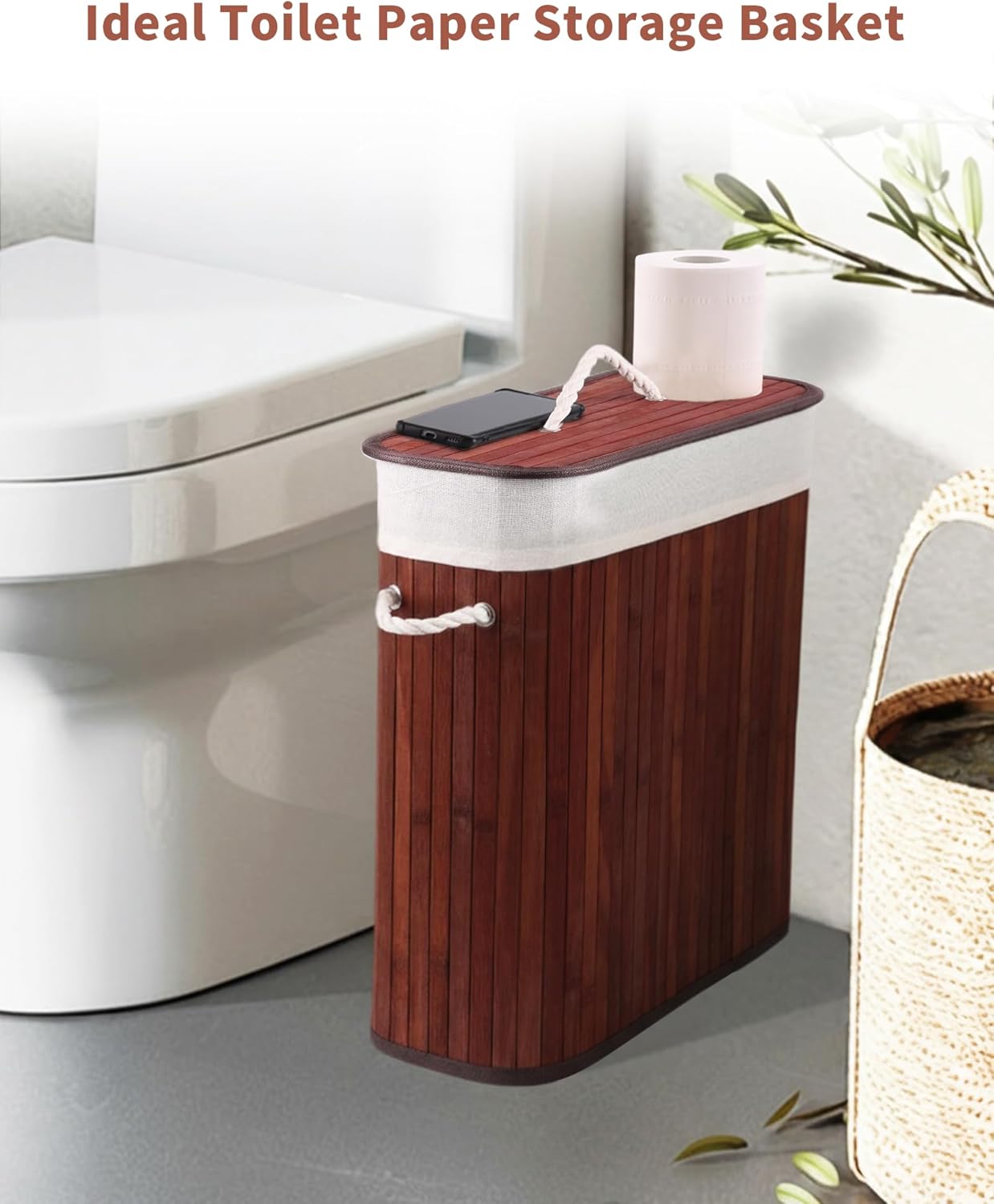 Bamboo Toilet Paper Storage with Lid & Handel, 8 Gallons (30L), Sturdy Toilet Paper Basket, Organizer for Bathroom, Kitchen, Holder with Storage, Brown