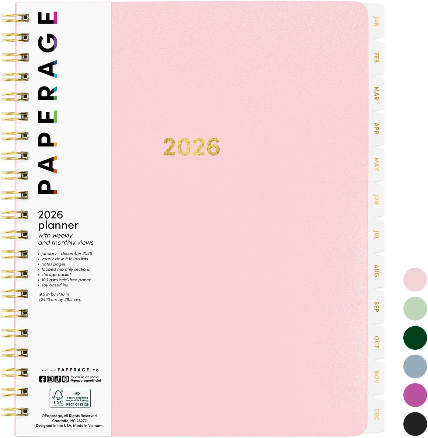 PAPERAGE 2026 Weekly & Monthly Planner, 12 Months (January 2026 - December 2026), 9.2 in x 11.2 in, Spiral Bound 2026 Planner with Weekly, Monthly & Yearly Views, Note Pages & Inner Pocket – Blush