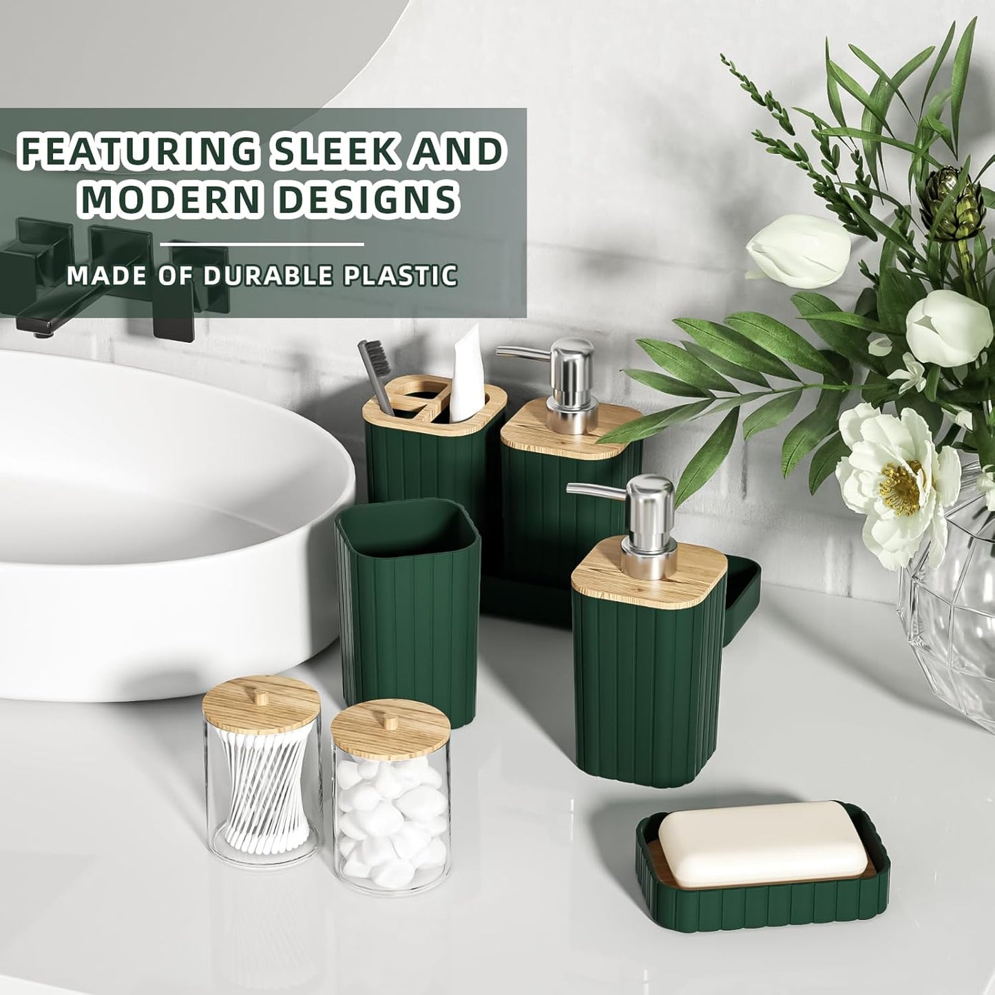 Bathroom Set - Elegant Green Bathroom Set, 10PC Green Bathroom Accessories Set, Bathroom Sets with Toilet Brush, Bathroom Trash Can