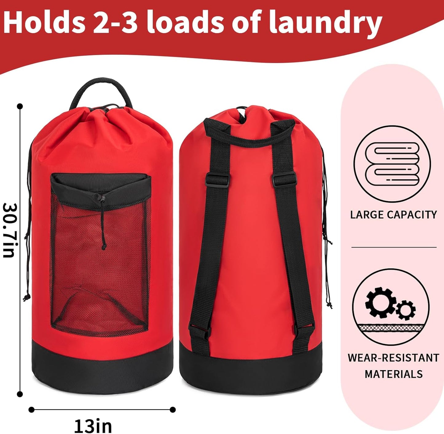 Laundry Bag Backpack with Shoulder Straps and Mesh Pocket Foldable Clothes Hamper Bag with Drawstring Closure for College, Apartment, Laundromat (Red)