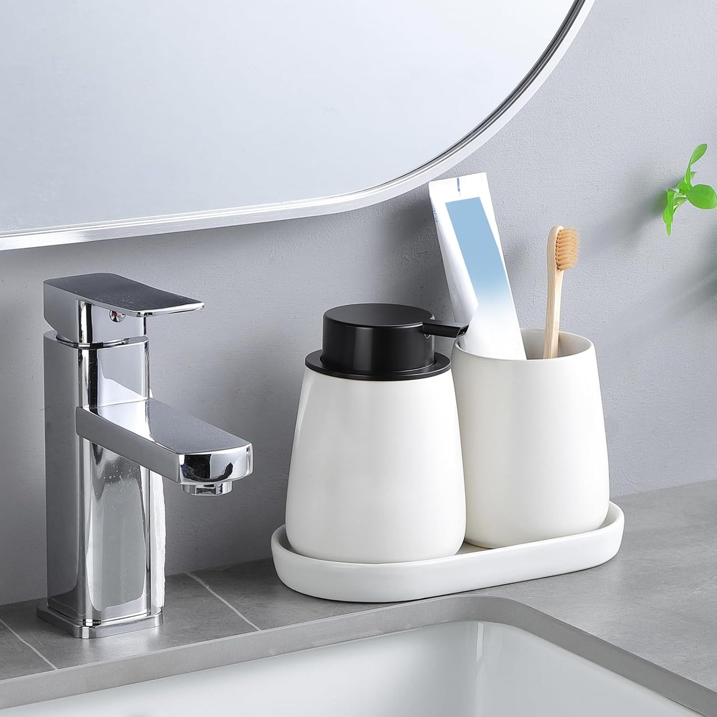 2 Pack White Round Soap Dispenser Tray - 8'' Ceramic Vanity Tray & Organizer Plate Set, Bathroom & Kitchen Countertop Decor for Soap Dispenser, Jewelry, Cosmetics, Sink