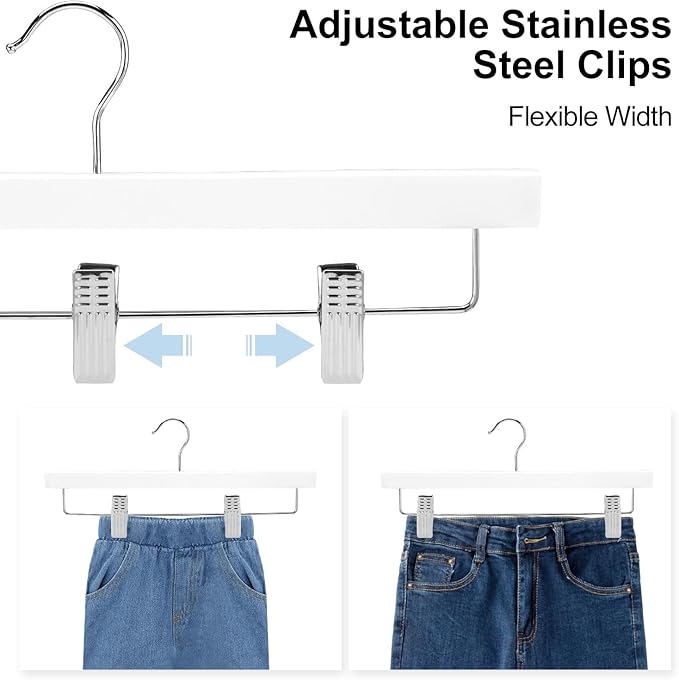 AMKUFO 20pcs Wooden Pants Hangers Solid Pants Hangers with Adjustable Clips 14 Inch White Wood Skirt Hangers Trousers Bottom Hangers with Non-Slip Clips and 360° Swivel Hook