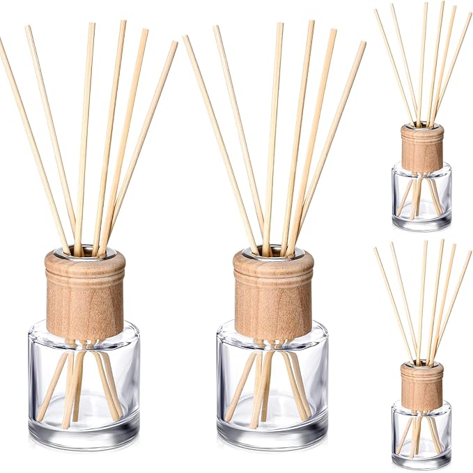 Roshtia 4 Set Reed Diffuser Bottle Empty Refillable Fragrance Glass Diffuser Bottles Set with Wooden Caps Rattan Sticks 50ml 1.7 oz Round Glass Jars for DIY Fragrance