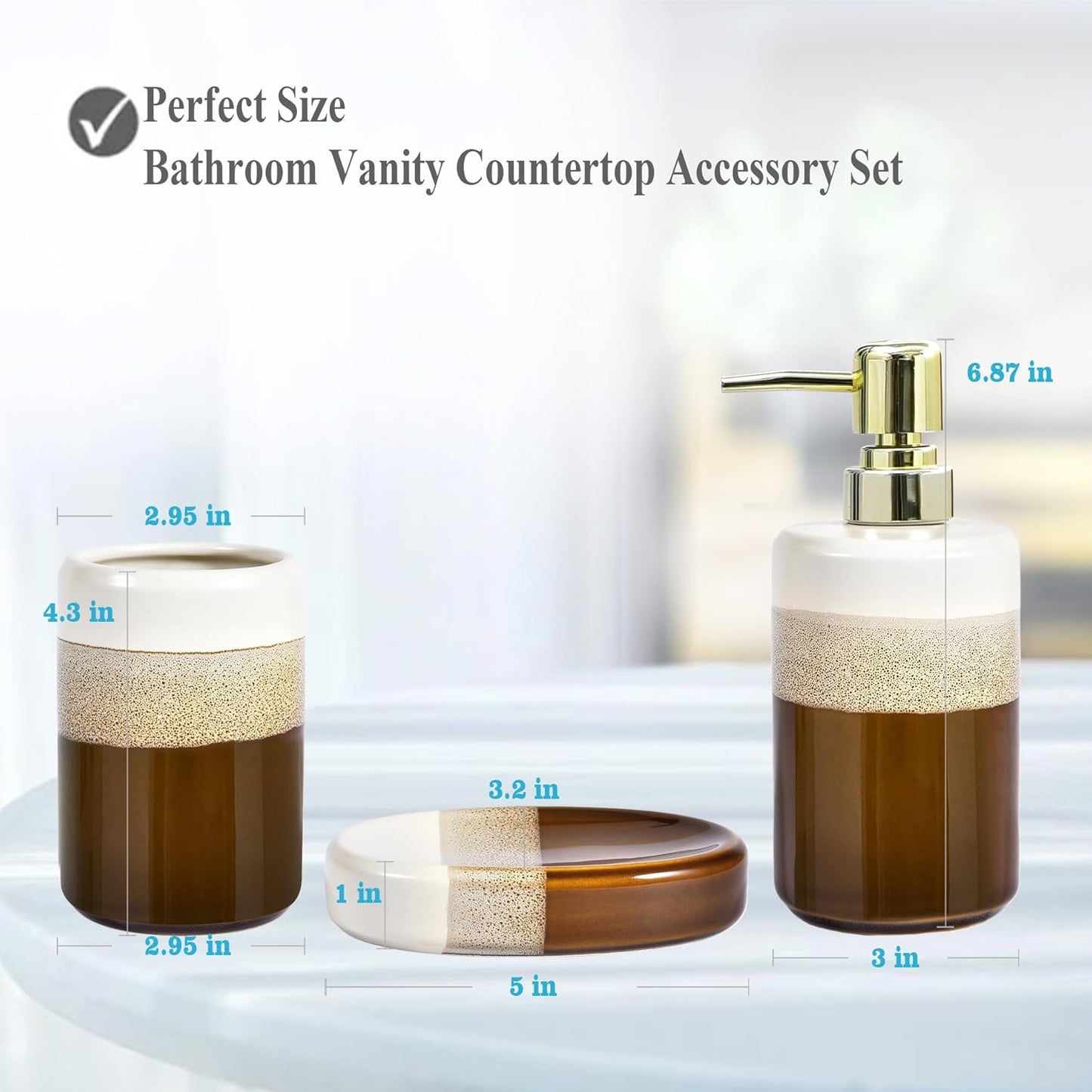 Bathroom Accessories Set of 3, Natural Reactive Glaze Ceramic Bathroom Sets Complete-Toothbrush Holders, Soap Dispenser, Soap Dish, Luxury Bathroom Decor, Bathroom Countertop Organizer, Brown Gold