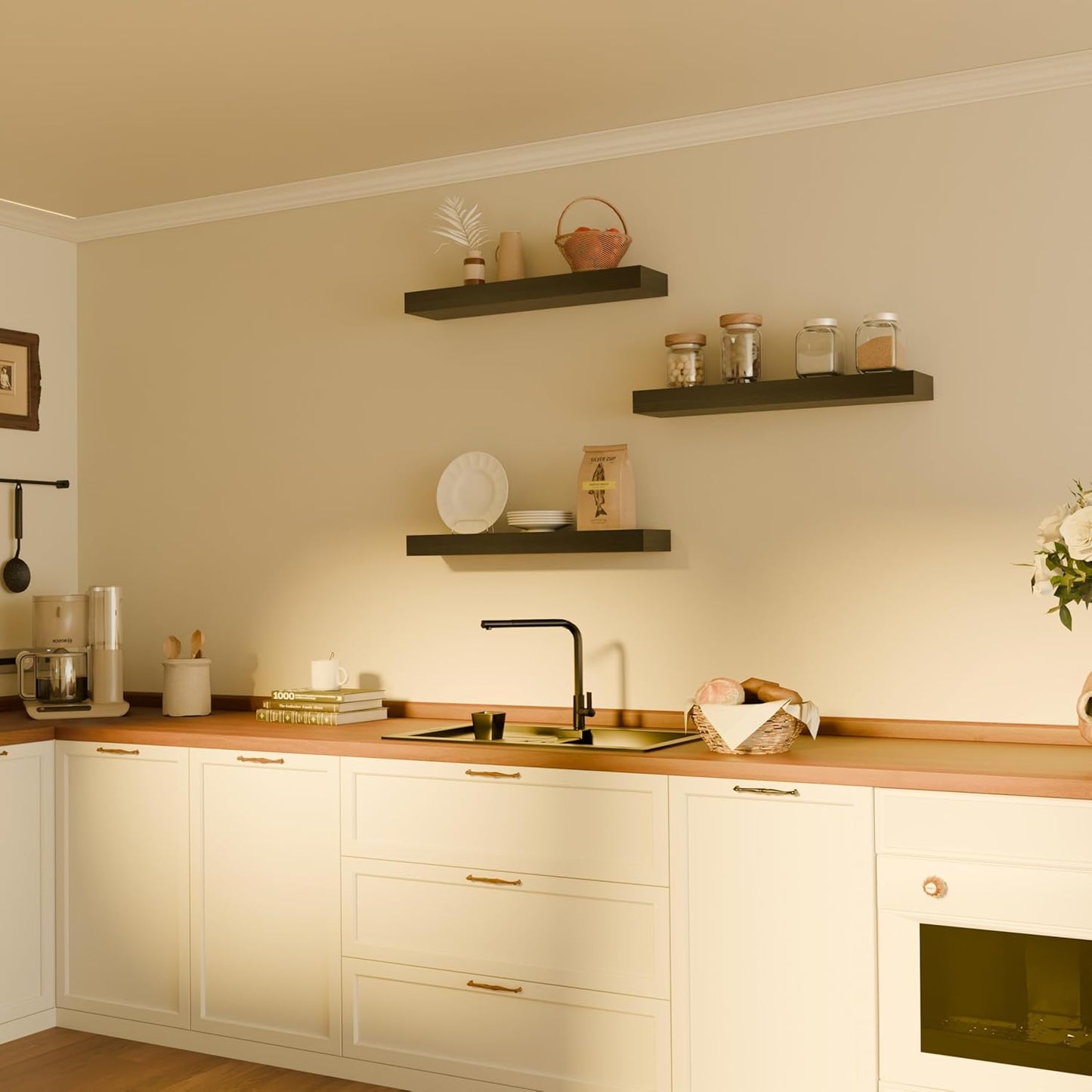 Floating Shelves for Wall, 16 Inch Long Premium Solid Wood Wall Shelves, Set of 3, Black Modern Wall Mounted Shelves for Living Room,Bedroom,and Kitchen (Black, 3T16IN)