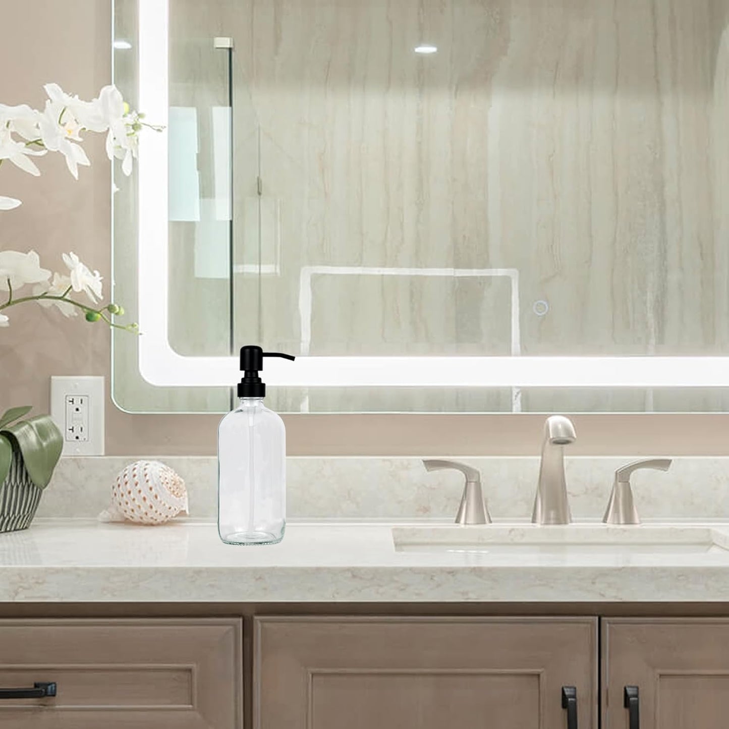 16 oz Refillable Glass Soap Dispenser with Black Rustproof Stainless Steel Pump, Glass Soap Dispenser for Hand Soap, Lotion, for Kitchen and Bathroom (Amber) (Clear)