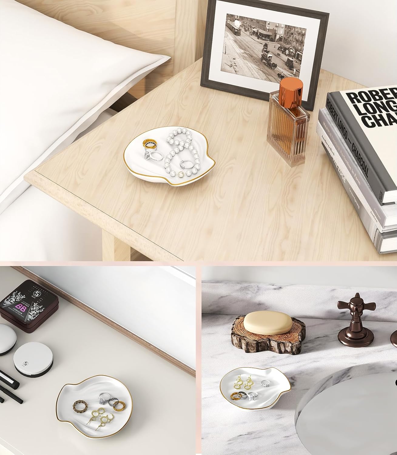Jewelry Dish for Rings & Necklaces – Aesthetic Ceramic Jewelry Organizer Tray Shell Shaped White Plate Jewelry Holder & Storage Tray for Dresser Vanity Bathroom Nightstand or Gift for Her