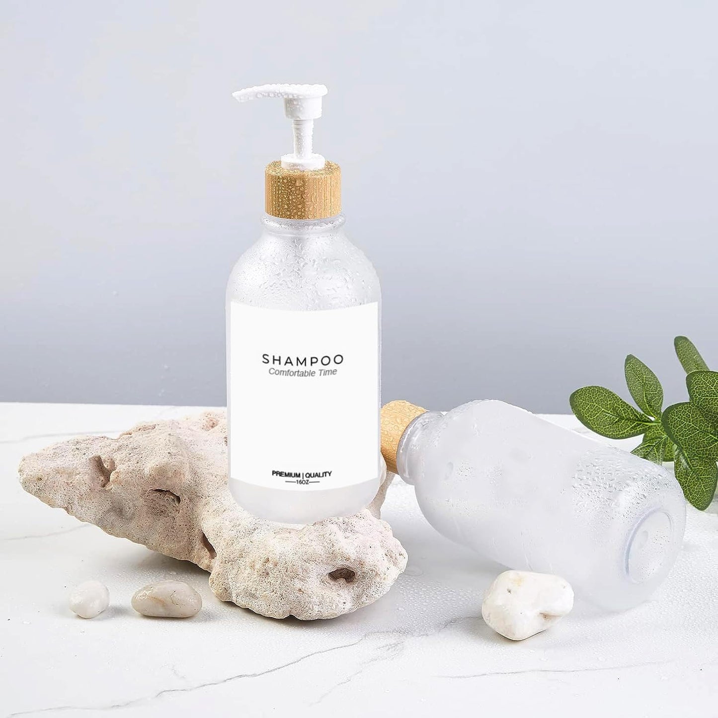 Frosted Heavy Duty Shampoo and Conditioner Bottles, Apothecary Dispenser Bamboo Pump, Refillable Shampoo Bottles for Shampoo Lotion Oil Shower Soap Hand Soap and Dish Soap (Matte Clear)