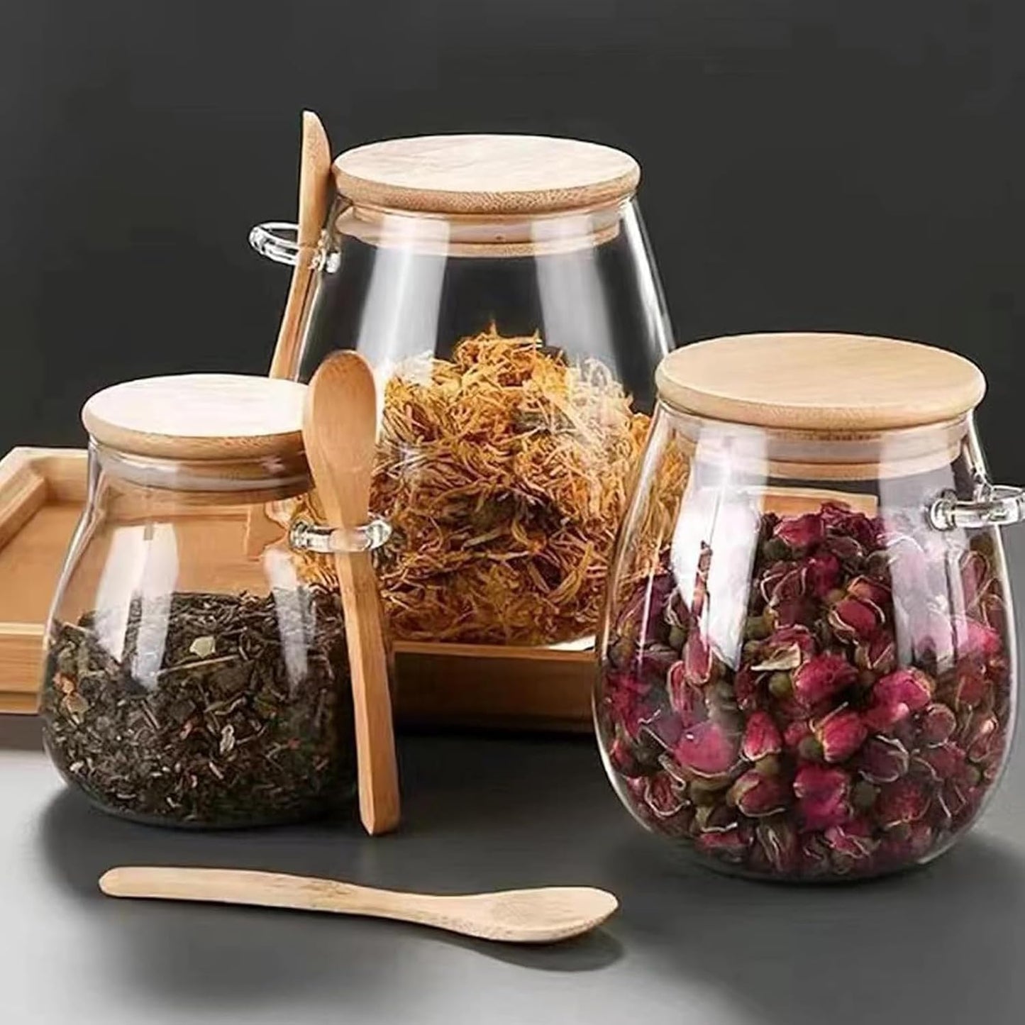 Airtight glass jar storage container with bamboo lid Set of 2, wide mouth, leak-proof, With a spoon, can be used for coffee beans, tea leaves, grains, dried fruits, etc (Middle)