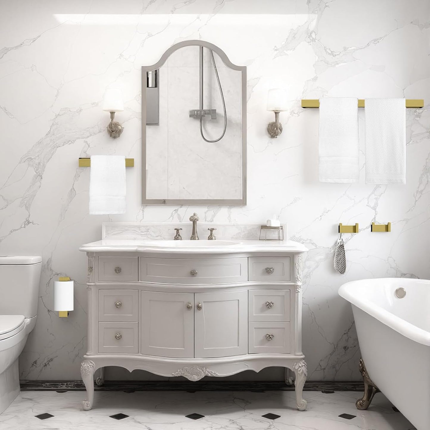 4 Pcs SUS304 Stainless Steel Bathroom Accessories Set, 24" Towel Bar, Towel Holder, Toilet Paper Holder, Robe Hook, Minimalist Design for All Styles Bathrooms (Gold)