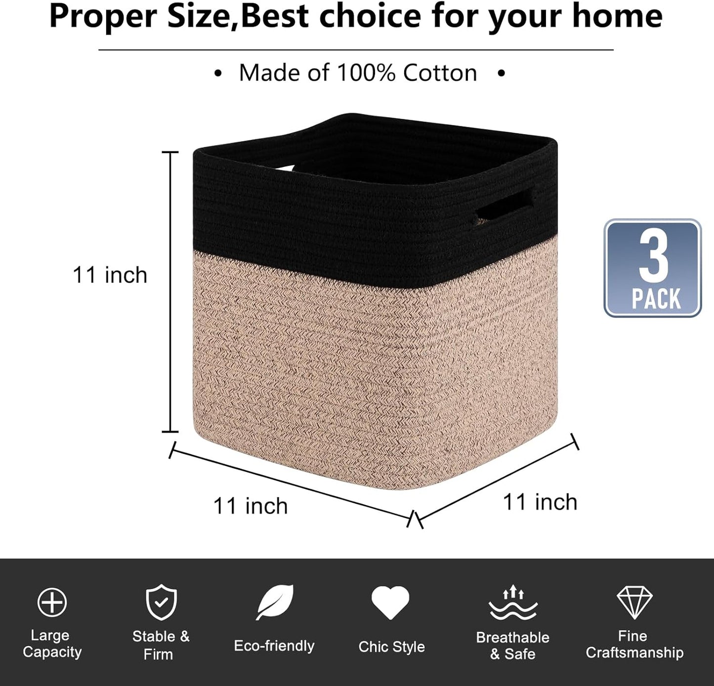 OIAHOMY Cube Storage Basket, 3-Pack Woven Cotton Rope Baskets for Storage, 11-Inch Cube Basket with Handles, Great for Shelves, Closets, Children's Toy Storage and Organization-Black & Brown