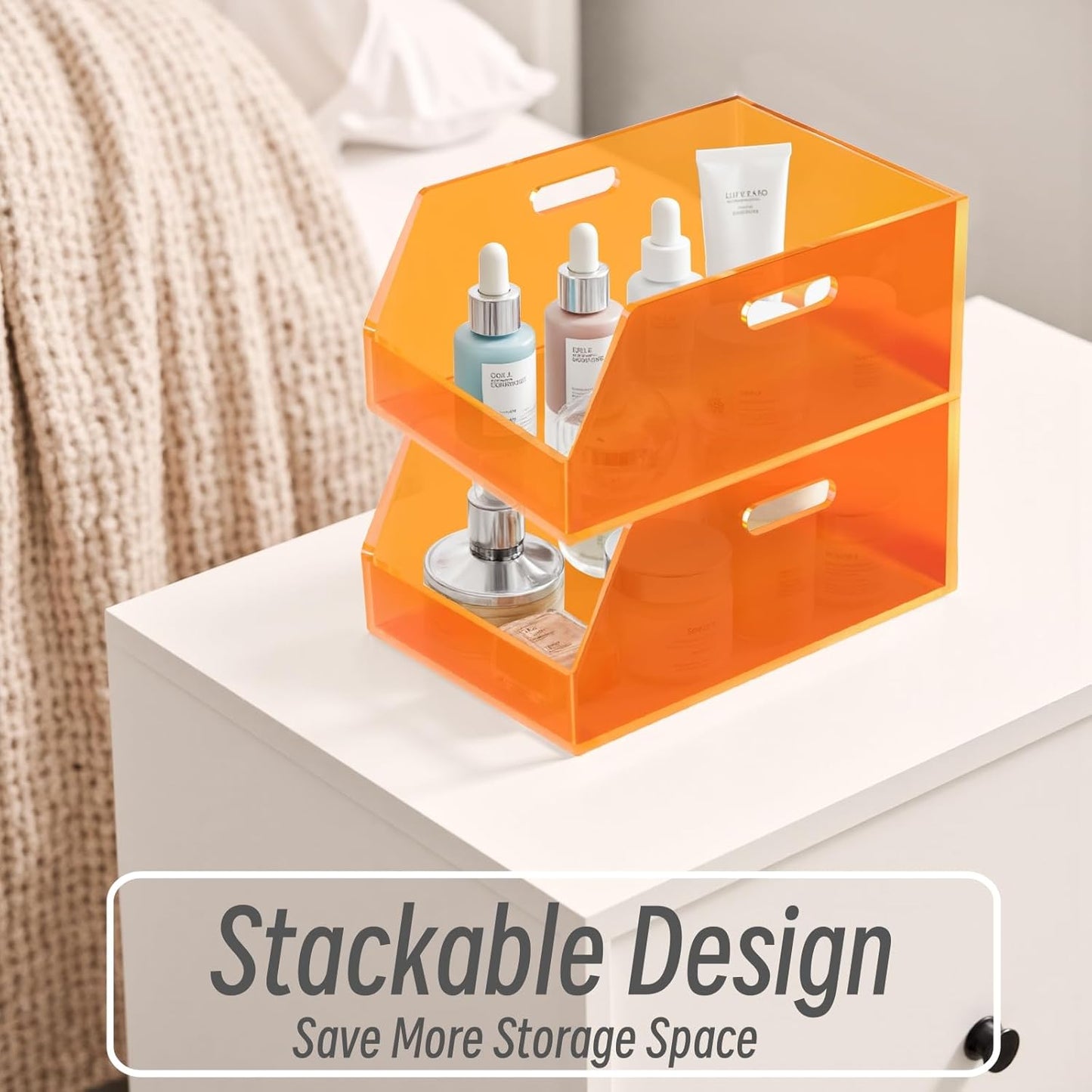 Gelite Stackable Large Storage Bin Organizer with Handles Acrylic Storage Container for Toy Pantry Kitchen Cabinet Bathroom Closet Office Organization, 15.4x11.4x6.7'', Neon Orange