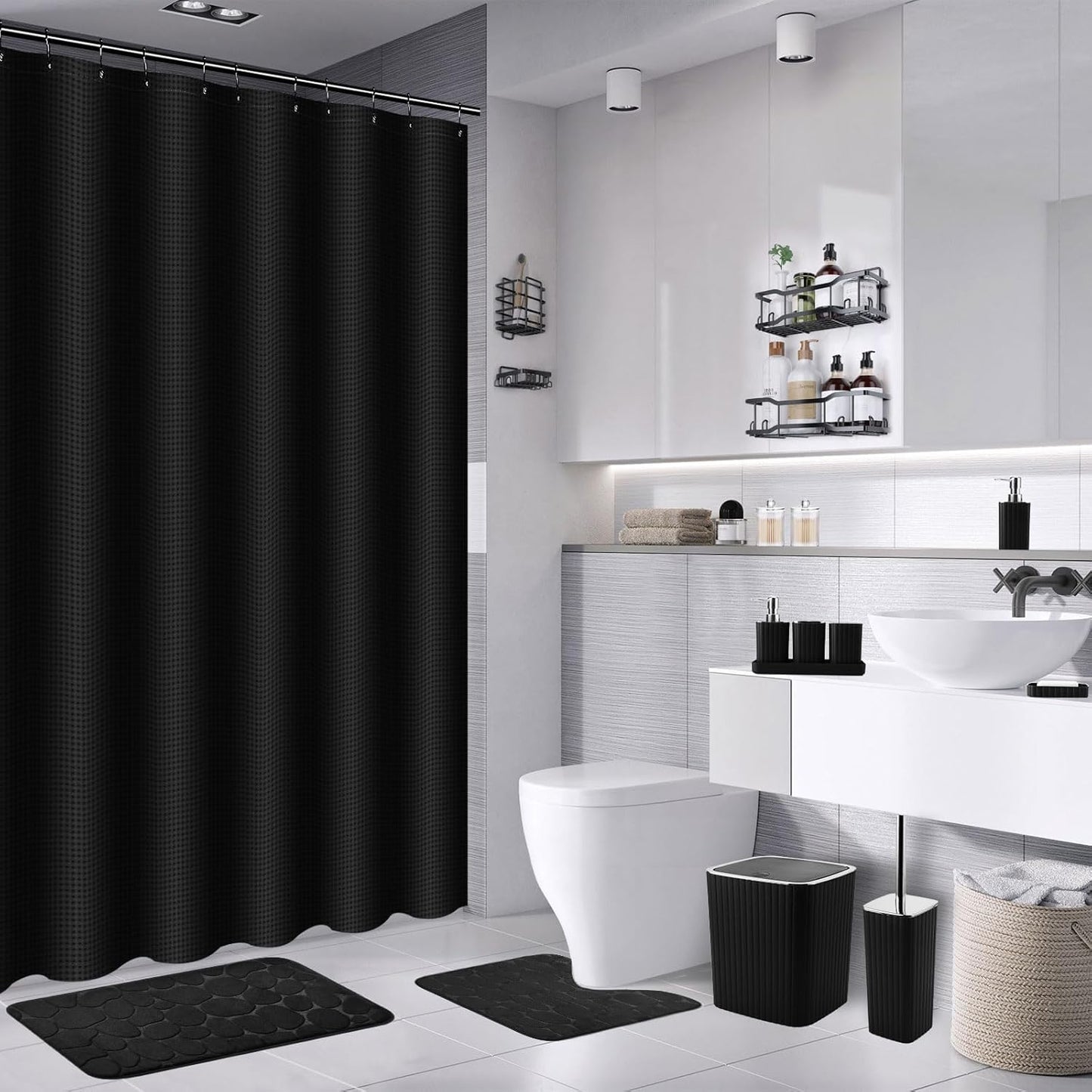 30PC Bathroom Accessories Set - Gorgeous Black Bathroom Set, Bathroom Accessory Set, Black Shower Curtain Set with Bathroom Storage