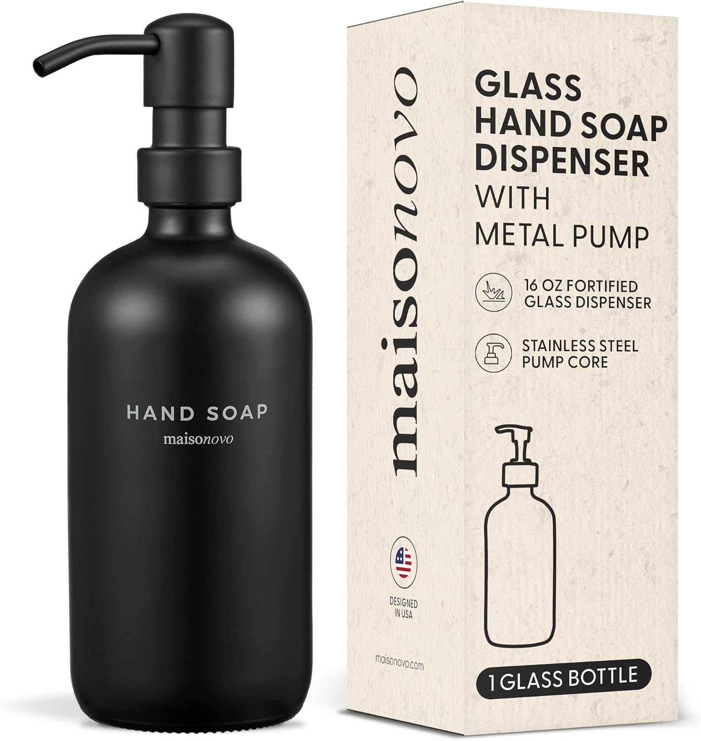 MaisoNovo Soap Dispenser 1-Piece Set | 16.9oz Black Bottles with Black Stainless Steel Pump