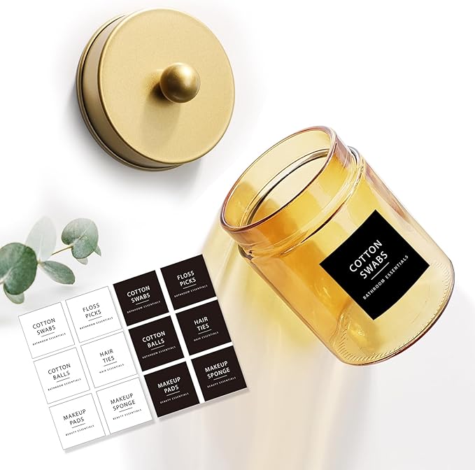 Amolliar Bronze Glass Apothecary Jar With Metal Lid & Stickers, Bathroom Qtip Dispenser Storage Canister, Perfect for Cotton Balls, Cotton Swabs, Makeup Pads, Bath Salt, Floss, 2 Pack(Gold)