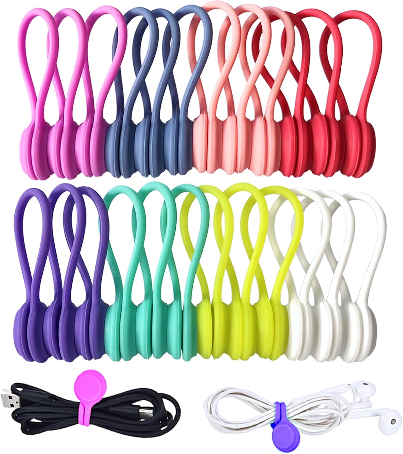 Reusable Magnetic Ties with Strong Magnet for Bundling and Organizing Cables,Headphone Cables,USB Charging Cords,Hanging & Holding Keychain,Silicone Cord Winder Magnetic Cable Clips 8 Colors - 24 Pack