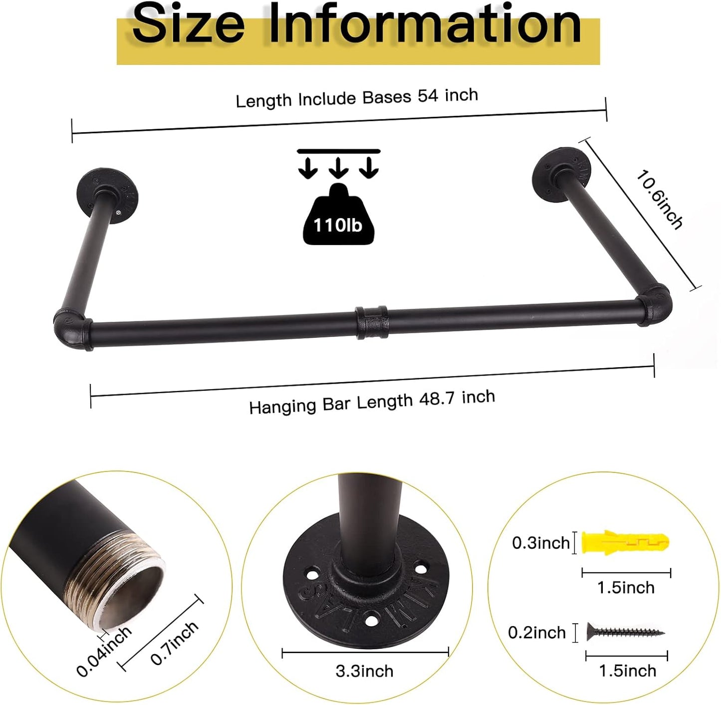 54” Wall Mounted Clothes Rack, Industrial Pipe Black Iron Garment Bar, Heavy-Duty Detachable Clothing Rod, Multi-Purpose Metal Wall display Hanging Pole for Closet Storage, Laundry Room 2 Base
