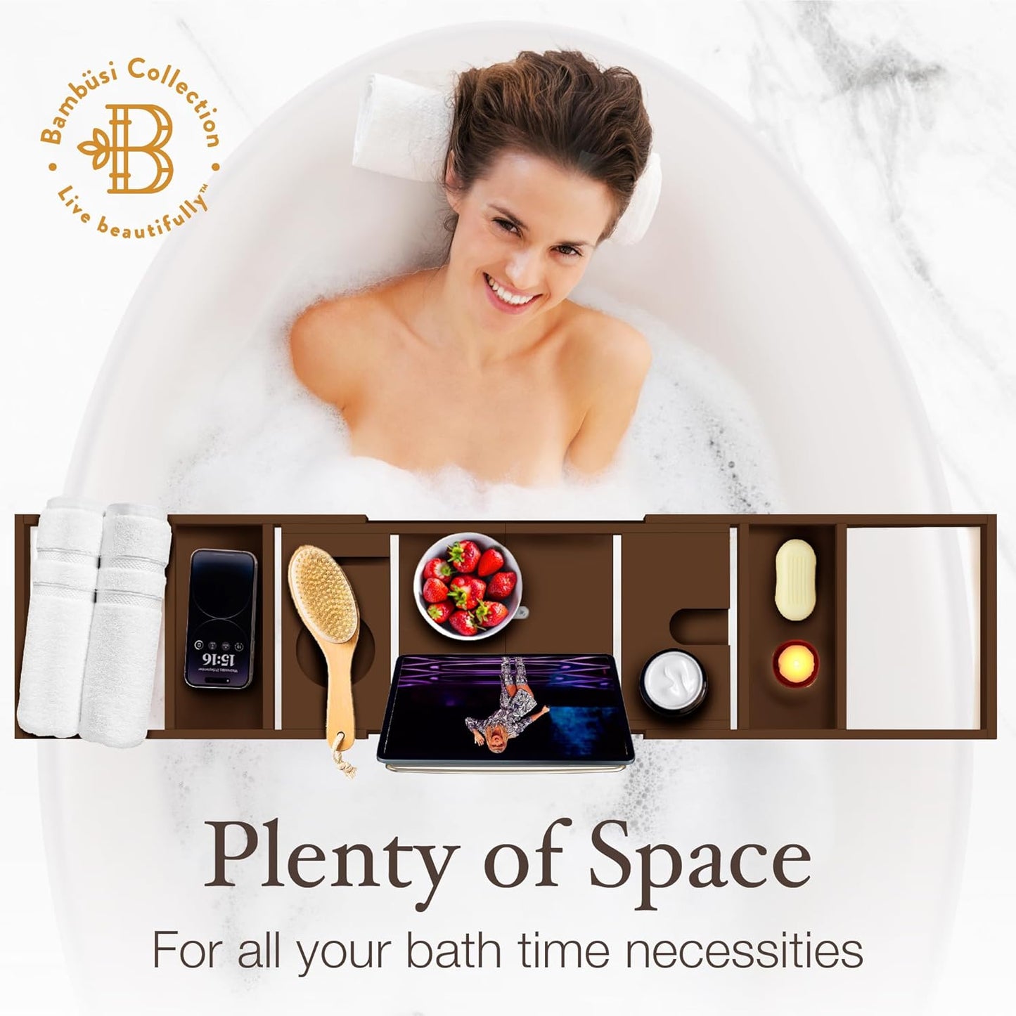 Bathtub Tray - Expandable Brown Bamboo Bath Tray for Tub with Wine Glass Holder, Book & Tablet Stand - Wooden Bathtub Caddy Tray for Bathroom Accessories, Spa Relaxation, Housewarming & Wedding Gift