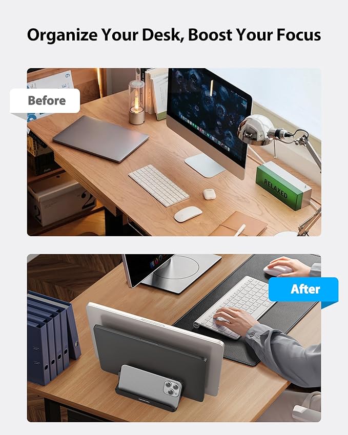 AboveTEK Vertical Laptop Stand Holder, 3 Slots Aluminum Desk Stand with Adjustable Dock Size for Tablet, MacBook, Phone - Universal Fit (up to 17.3") - Heavy Duty Polished, Anti Slide - Black