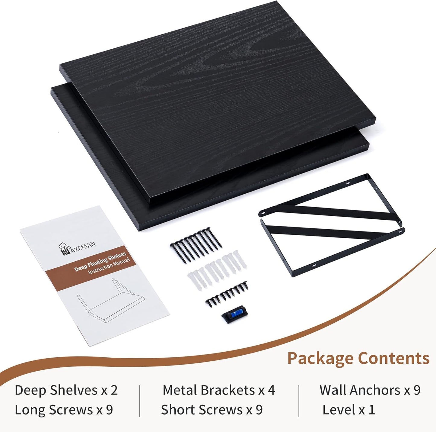 Axeman Deep Floating Shelves for Wall, 16W x 12D Black Floating Shelves Set of 2, 12 Inch Deep Large Wall Mounted Shelves for Living Room Bedroom Bathroom