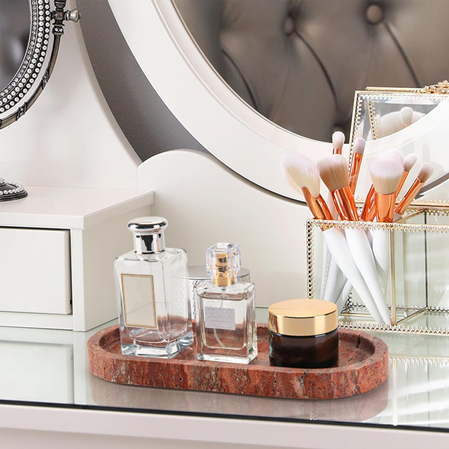 WORHE Italy Natural Travertine Stone Tray for Jewelry, Candles, Perfume, Trinket, Marble Oval Vanity Trays for Bathroom, Dresser, Kitchen, Countertop Storage Organizer for Home Decor Red (WH029)