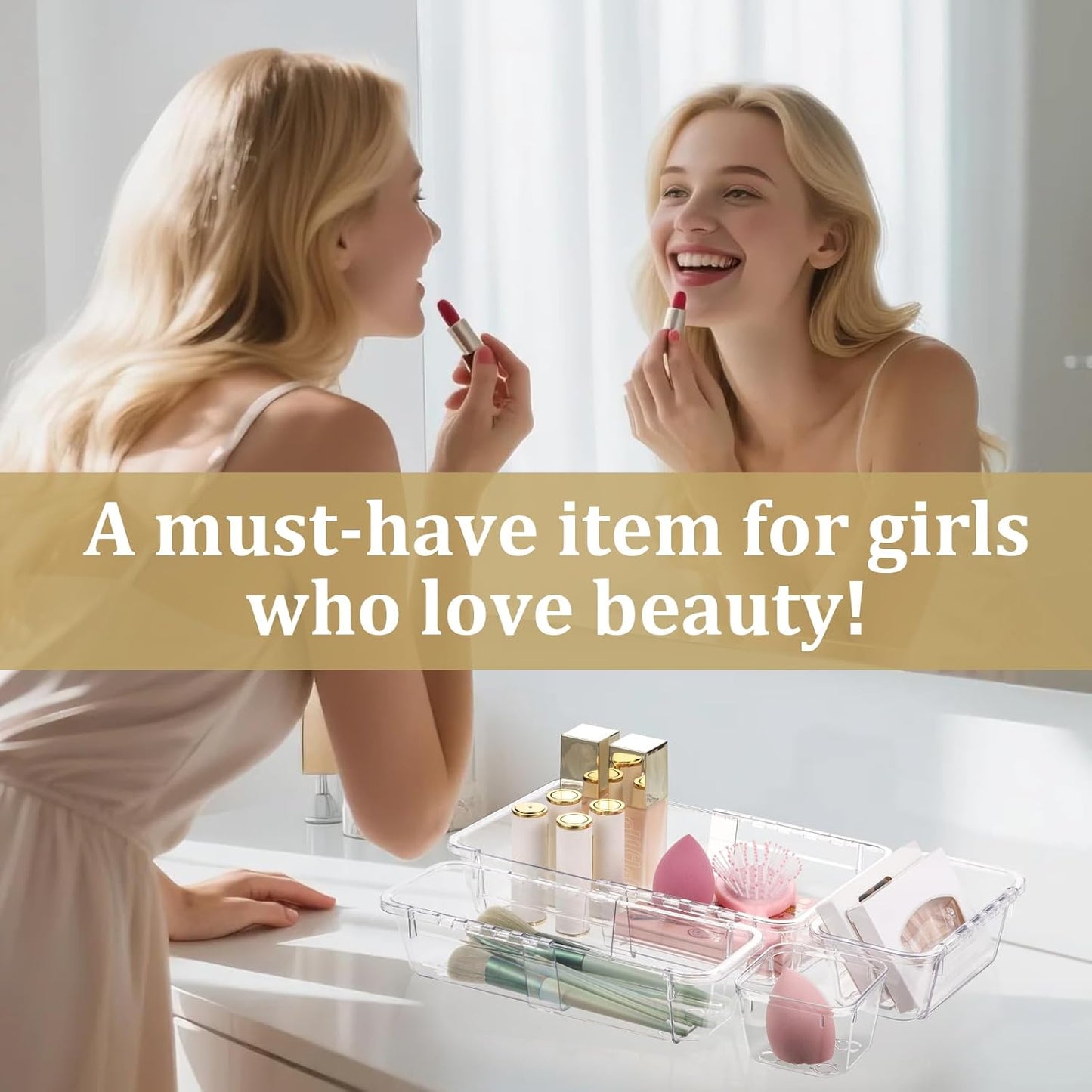 20 Pcs Adjustable Clear Drawer Organizer, Extendable Vanity Storage Bins, Desk Drawer Organizer Set for Makeup, Cosmetics, Bedroom, and Gadgets, Clear