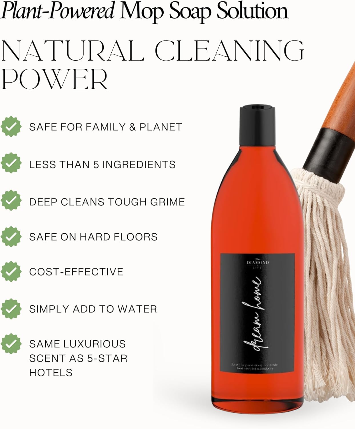 Home 'DREAM HOME' Scented Grapefruit & Lemon Natural Mop Soap -Plant Powered Ingredients - Safe & Effective Floor Cleaner/Wet Dry Vacuum Multipurpose Deodorizer Concentrate/ 32oz