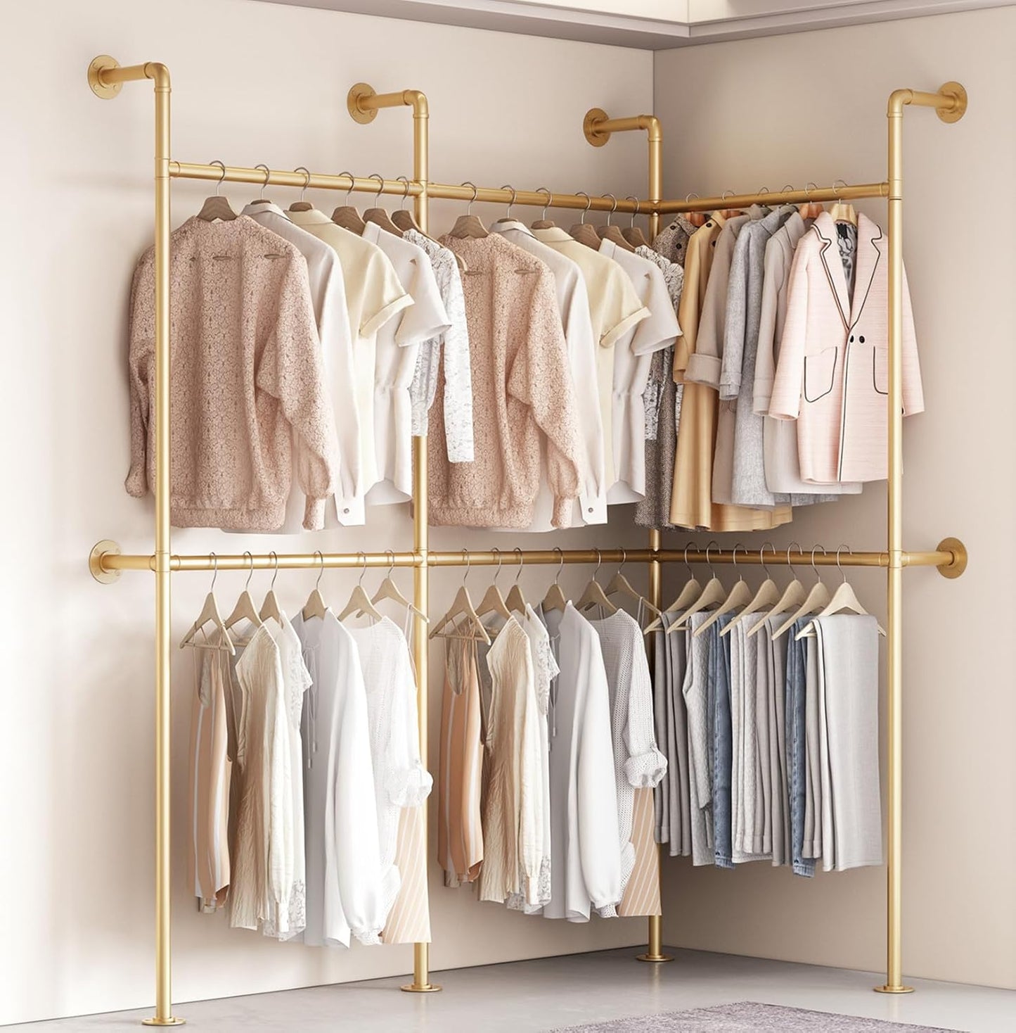 Industrial Pipe Gold Clothes Racks Wall Mounted, Rustic Gold Industrial Pipe Clothing Rack Design - Stylish & Heavy Duty Corner Garment Racks, Perfect for Home or Retail Display