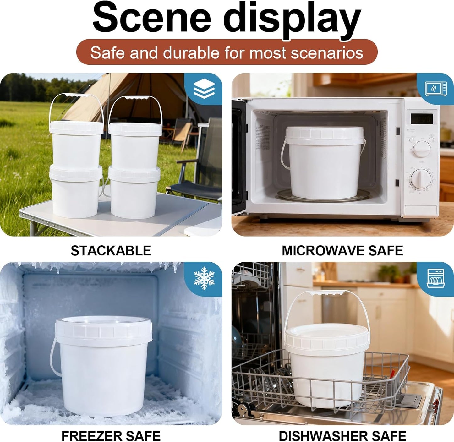 4 Pack 1 Gallon Plastic Buckets with Screw Lids & Handle, Food Grade Storage Containers for Kitchen, Freezer - Reusable White Plastic Bucket Set