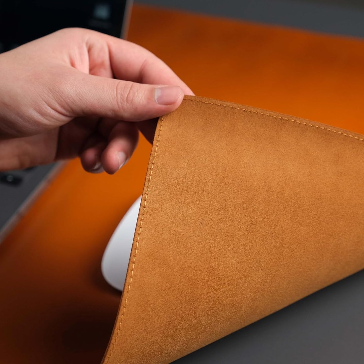 Jersey Genuine Calfskin Leather Desk Pad, Office Desk Mat with Non-Slip Bottom, Smooth Surface for Mouse & Keyboard, Desk Protector (36x19 inches) (Tan)