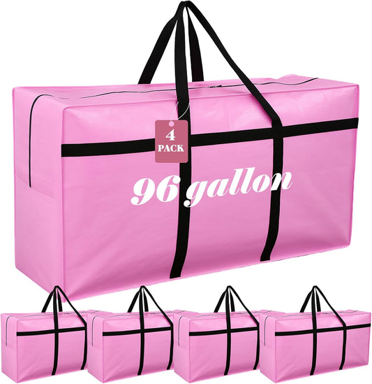 4 Pcs 96 Gallon Large Moving Bags with Zipper and Handles Foldable Storage Duffle Bags Heavy Duty Extra Large Totes for College Dorm Travel Clothes Blankets Bedding Moving (Pink)