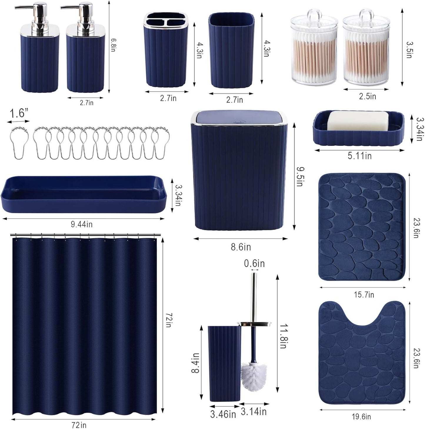 Bathroom Set with Shower Curtain and Rugs- 25PC Bathroom Accessory Set, Navy Blue Shower Curtain Set, Toilet Brush, Trash Can, Qtip Holder Dispenser & Soap Dispenser
