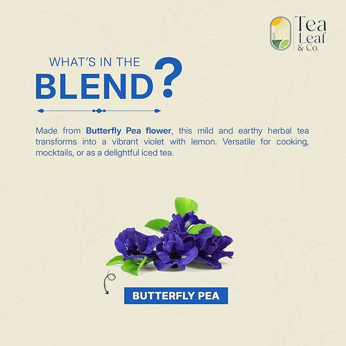 Tealeaf & Co. Butterfly Pea Herbal Tea Bags Blended with Fresh Herbs - Herbal Tea with Butterfly Pea Flower - Contains Low Caffeine - Gluten Free - 50Teabags (3.52oz/100gm)