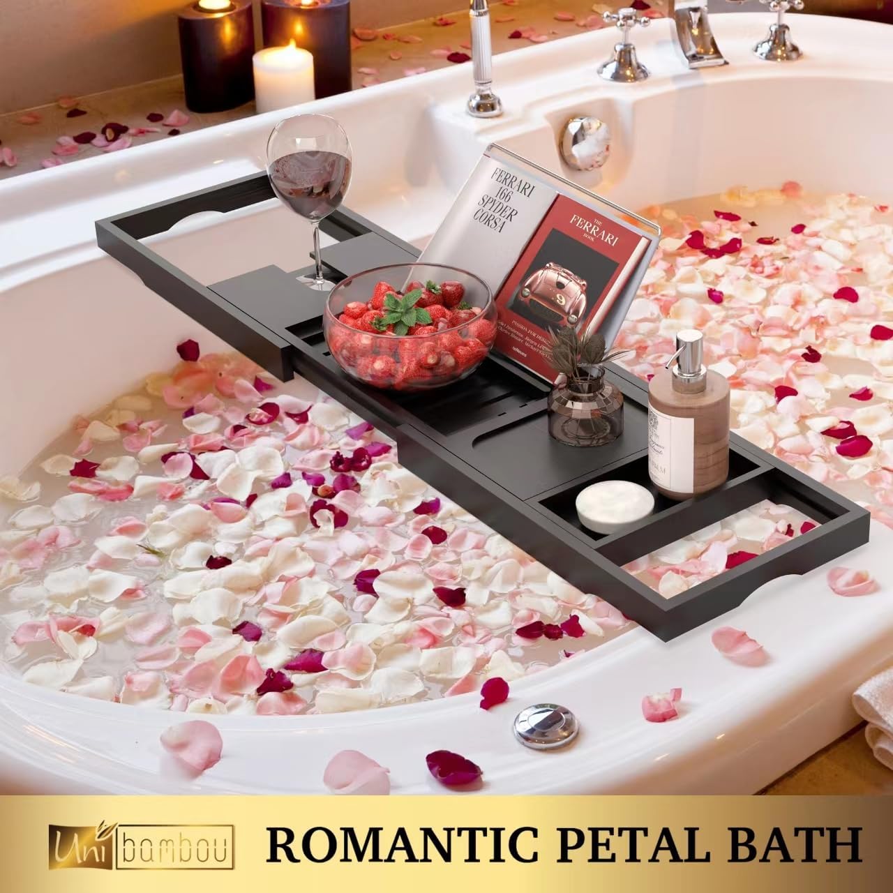 Foldable Bathtub Tray - Expandable Bamboo Bath Caddy Tray for Tub - Luxury Wood Bath Accessories, Perfect Spa Experience for New Home - Unique House Warming Gifts for Mom, Women, Couples