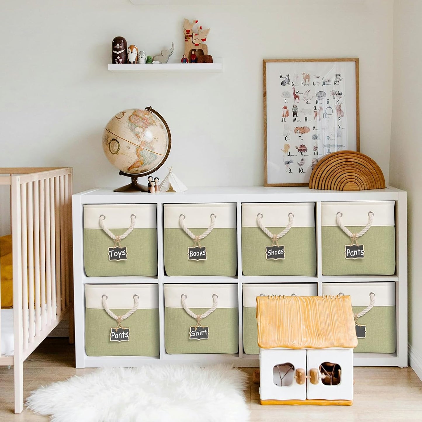 13 x 13 storage cubes[6 Pack],Cube Storage Organizer Bins with Rope Handles, Eco-Friendly Linen Collapsible Organizers for Closet, Nursery, Toys, Office, Bathroom – Dual Color Design.(White&Green)