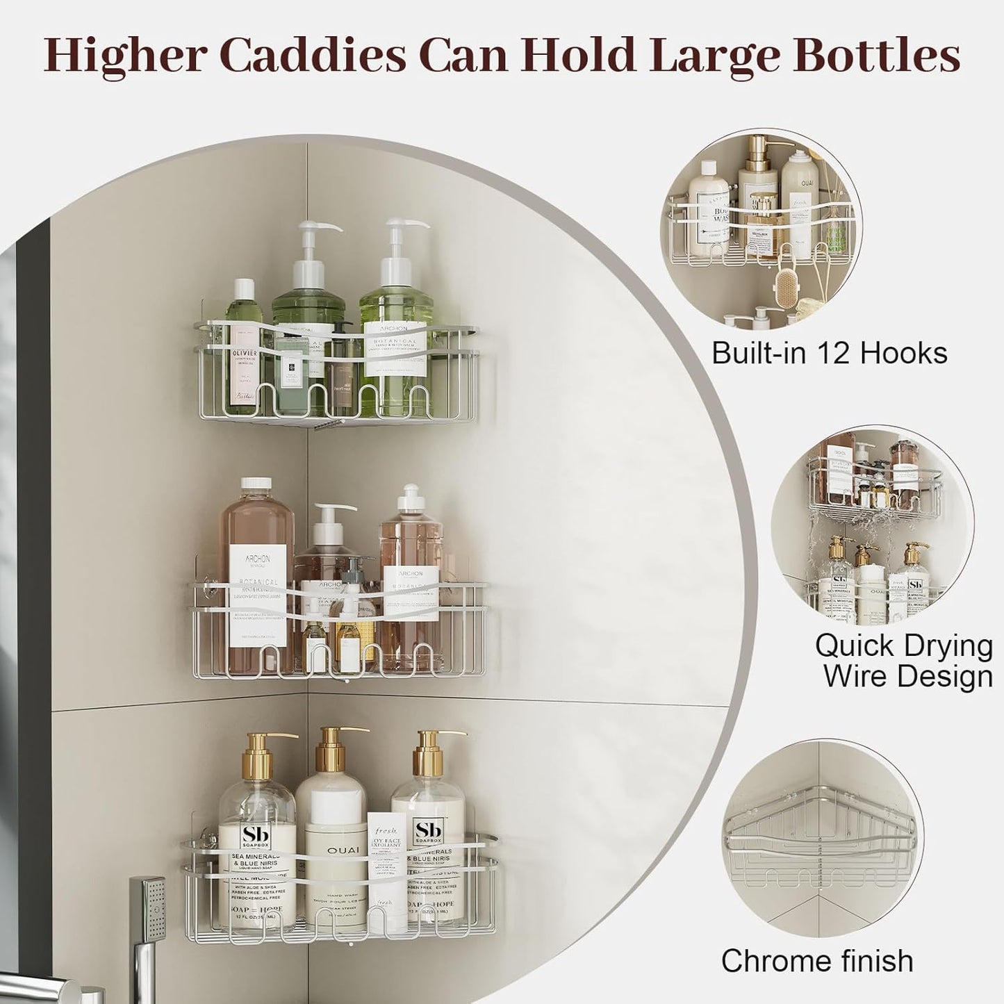 Chrome corner shower caddy with depth caddy and Built in 12 hooks rustproof adhesive wall mounted shower shelf 3 pack chrome triangle shower storage for bathroom kitchen and laudry room