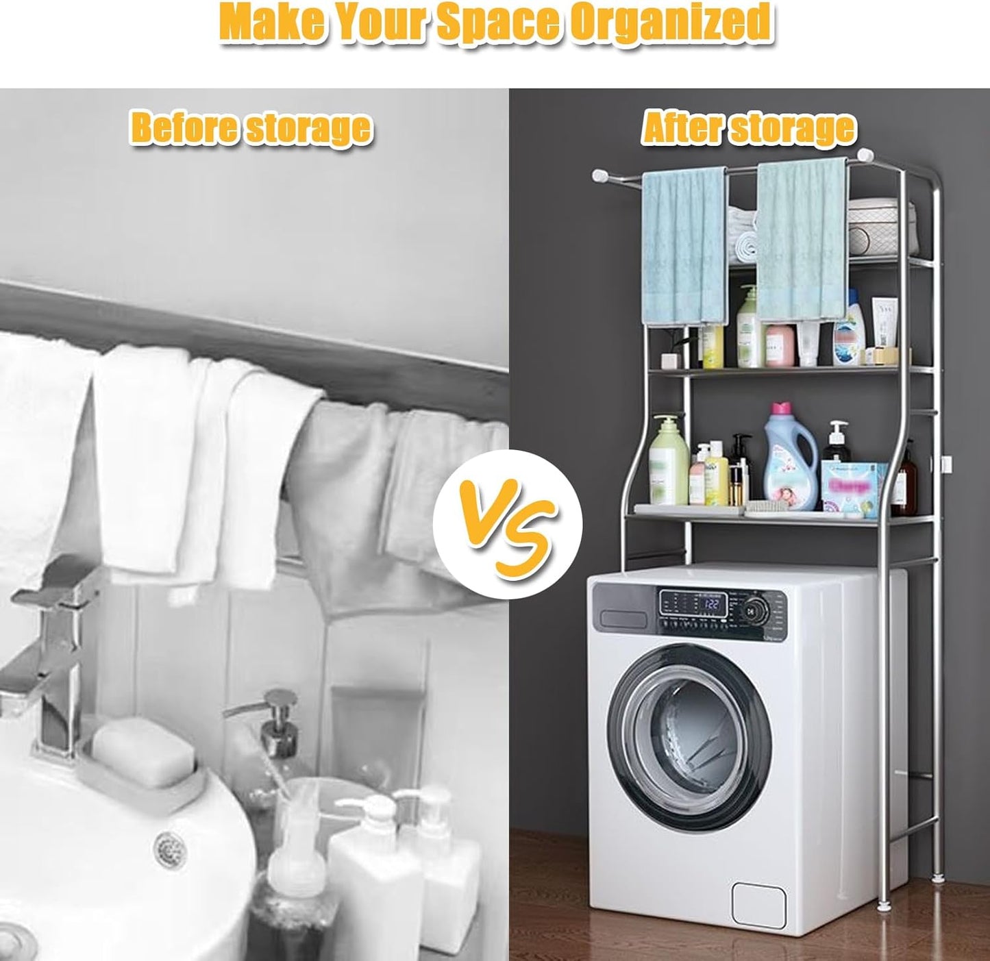 Over The Washer And Dryer Storage Shelf, 3-Tiers Over Dryer Storage Organizer for Space-Saving, Over Dorm Fridge Shelving Unit for Laundry Room Bathroom (White)