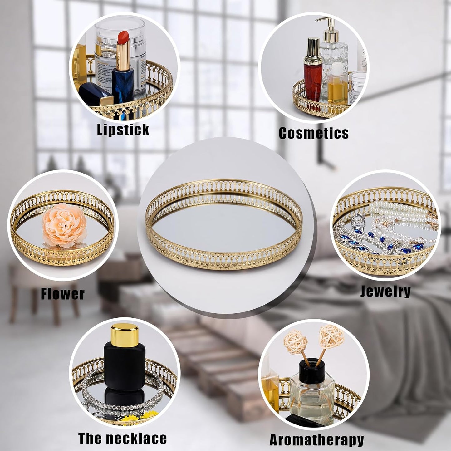Gold Mirrored Vanity Tray for Bathroom Counter,Metal Decorative Jewelry Storage Tray Cosmetic Perfume Organizer for Dresser,Bedroom,Home Decor,Suit for Candle Holder,Coffee Table Centerpiece,L
