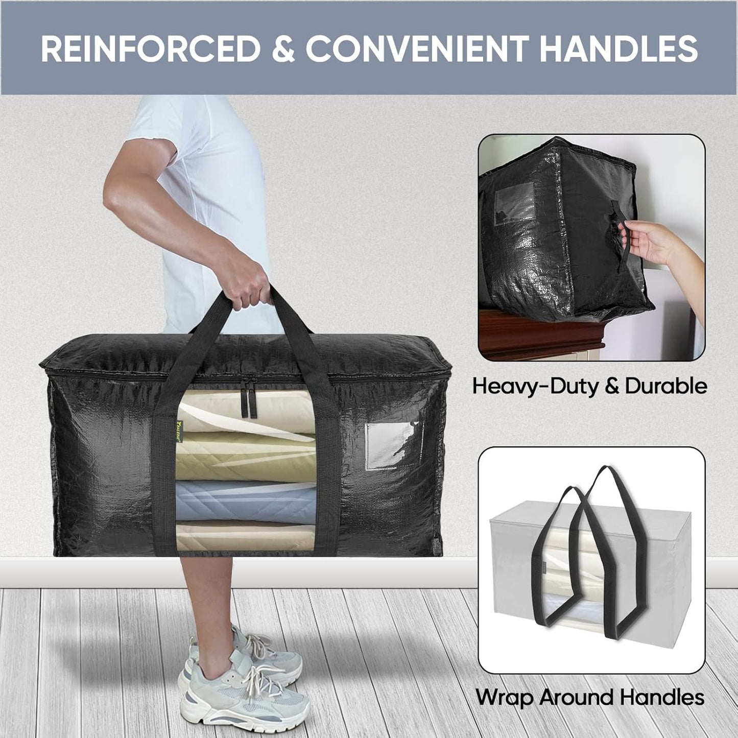 BALEINE 6-Pack Oversized Moving Bags with Reinforced Handles, Heavy-Duty Storage Tote Moving Supplies for Packaging, Camping (Black w/Window, 6-Pack)